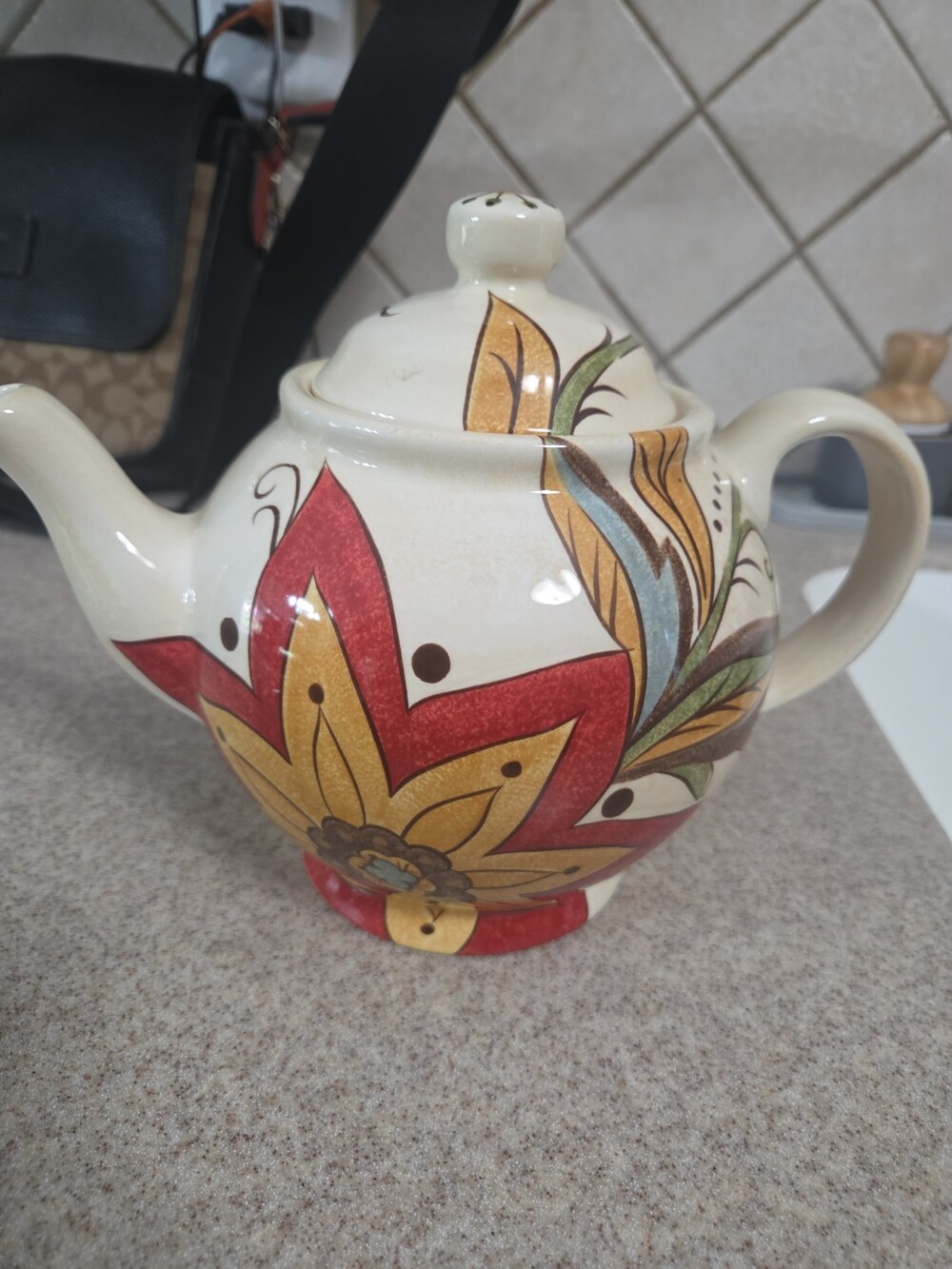 Pier 1 Imports Ceramic Teapot Floral Red Yellow Green Used